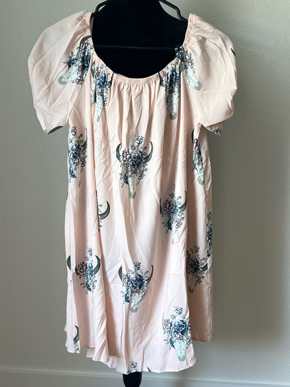 ee: Some Blush Pink Boho Bull Skull Print Puff Sleeve Dress